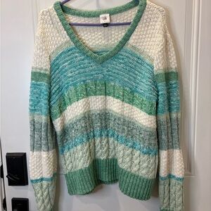 CAbi V-Neck Sweater with Green and Cream Stripes